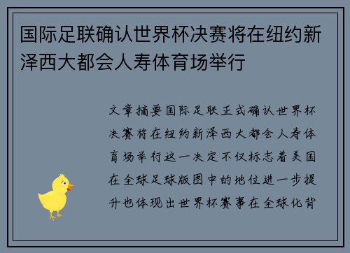 国际足联确认世界杯决赛将在纽约新泽西大都会人寿体育场举行